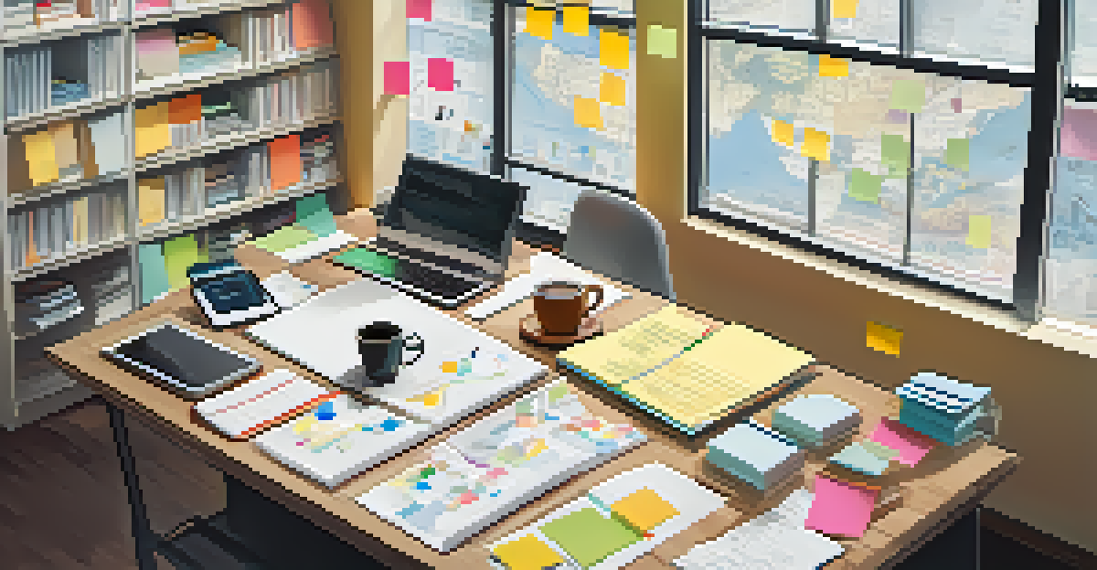 An overhead view of a workspace with market research tools, including surveys, laptops, and colorful sticky notes.