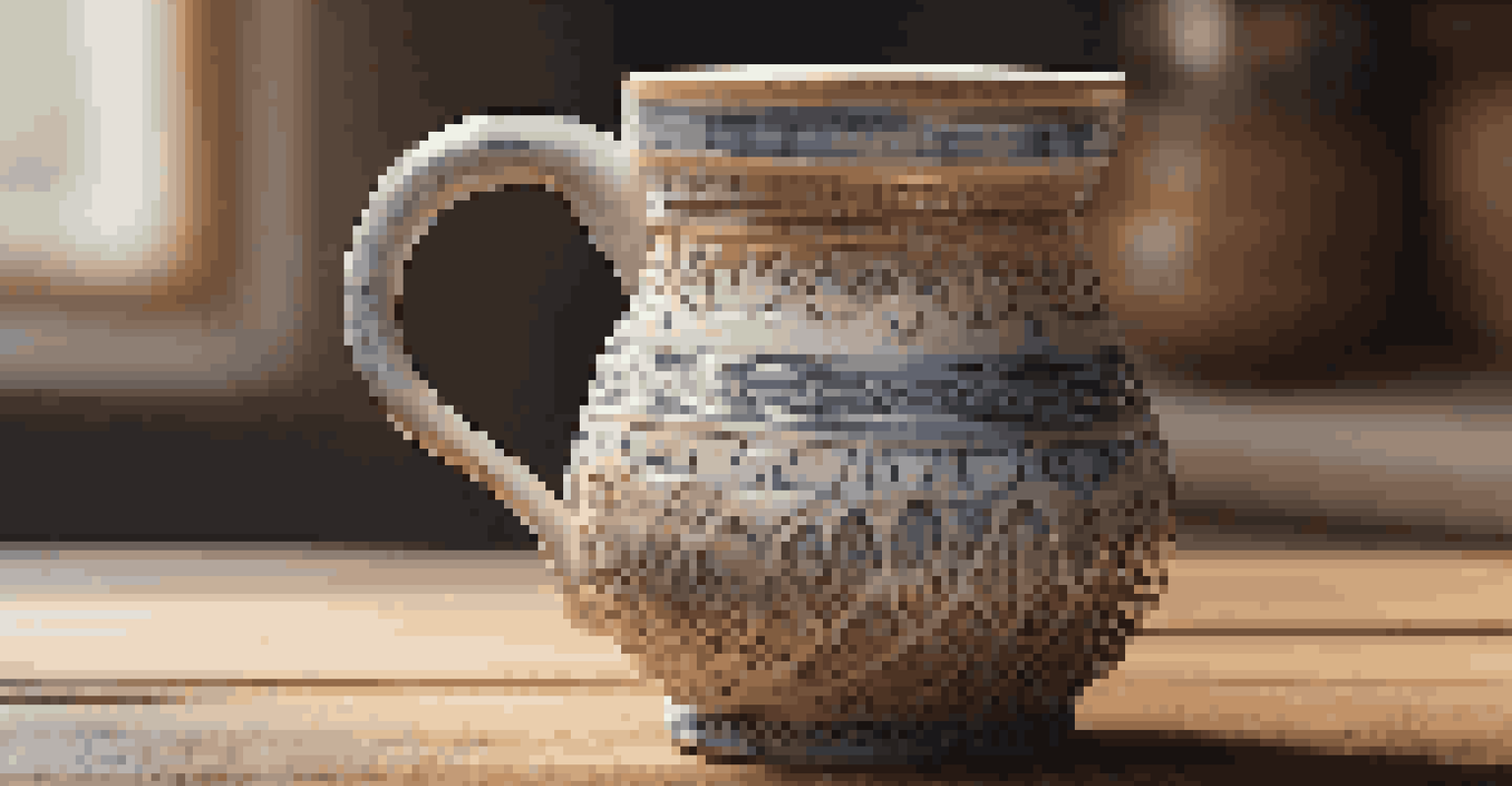 A detailed close-up of a handmade ceramic mug with intricate designs, set on a rustic wooden table illuminated by soft natural light.