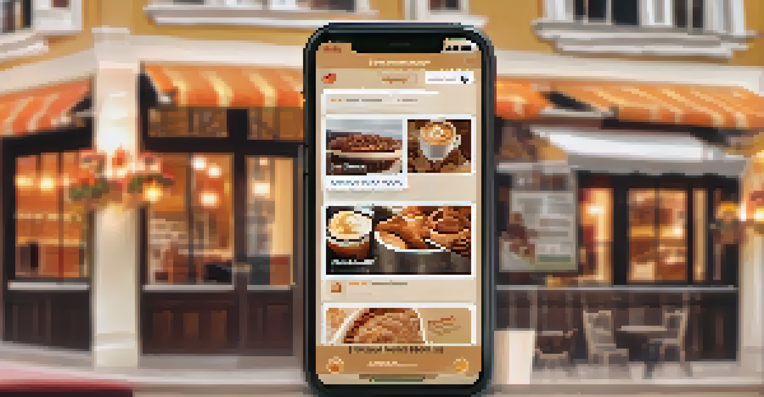 A smartphone displaying customer testimonials for a franchise brand, set against a cozy café background with warm colors.