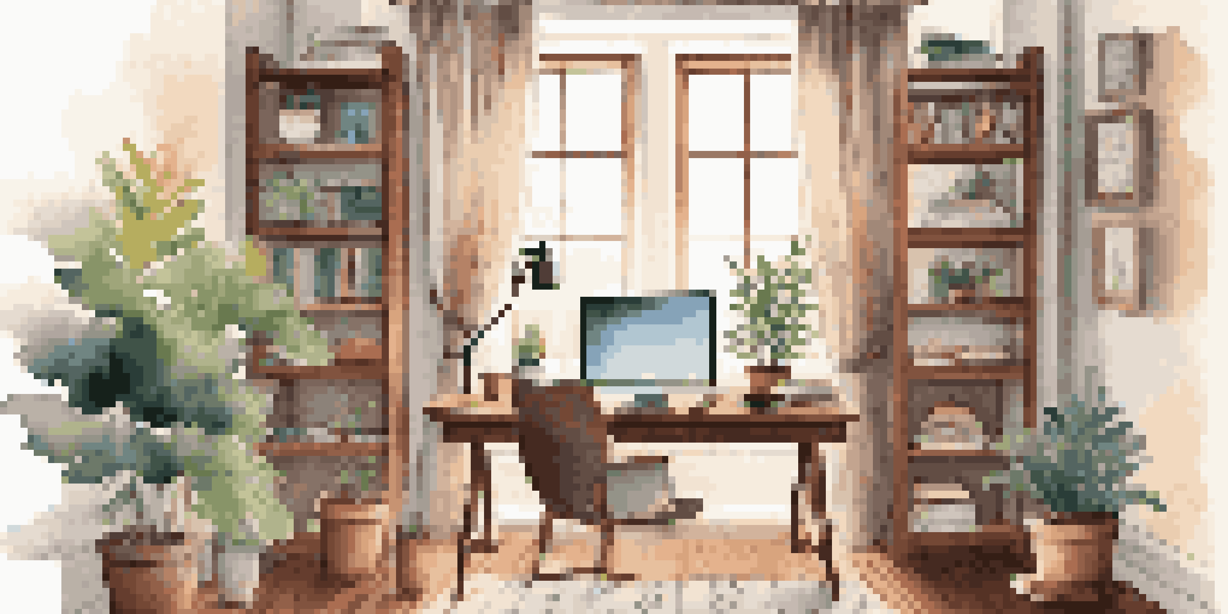A warm and inviting home office with a wooden desk, laptop, coffee cup, and potted plant, illuminated by natural light from a window.