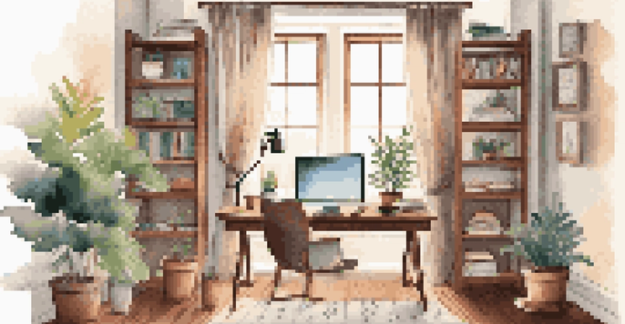 A warm and inviting home office with a wooden desk, laptop, coffee cup, and potted plant, illuminated by natural light from a window.