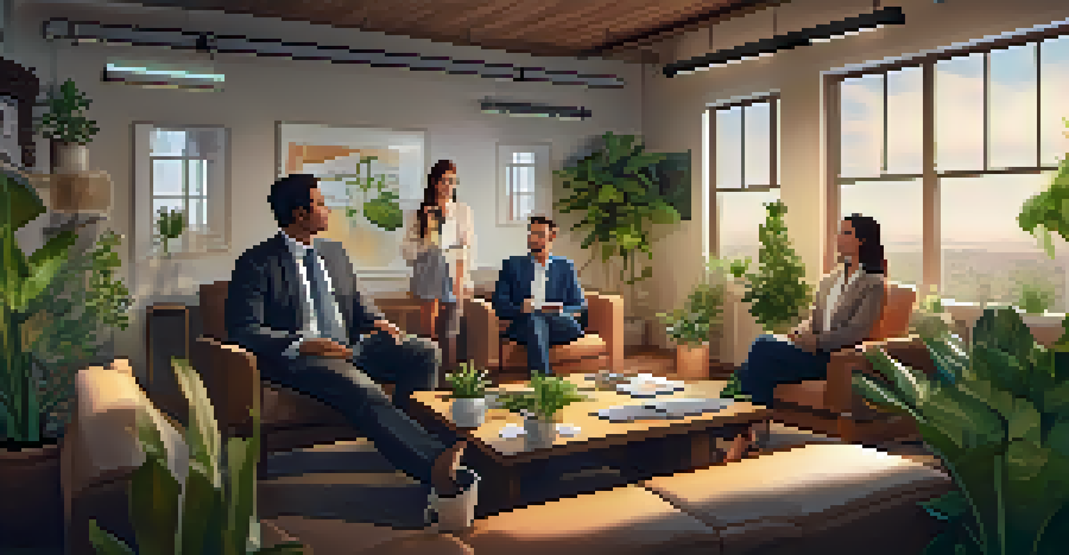 A leader in a cozy office talking with team members about emotions, creating a supportive atmosphere with plants and soft lighting.