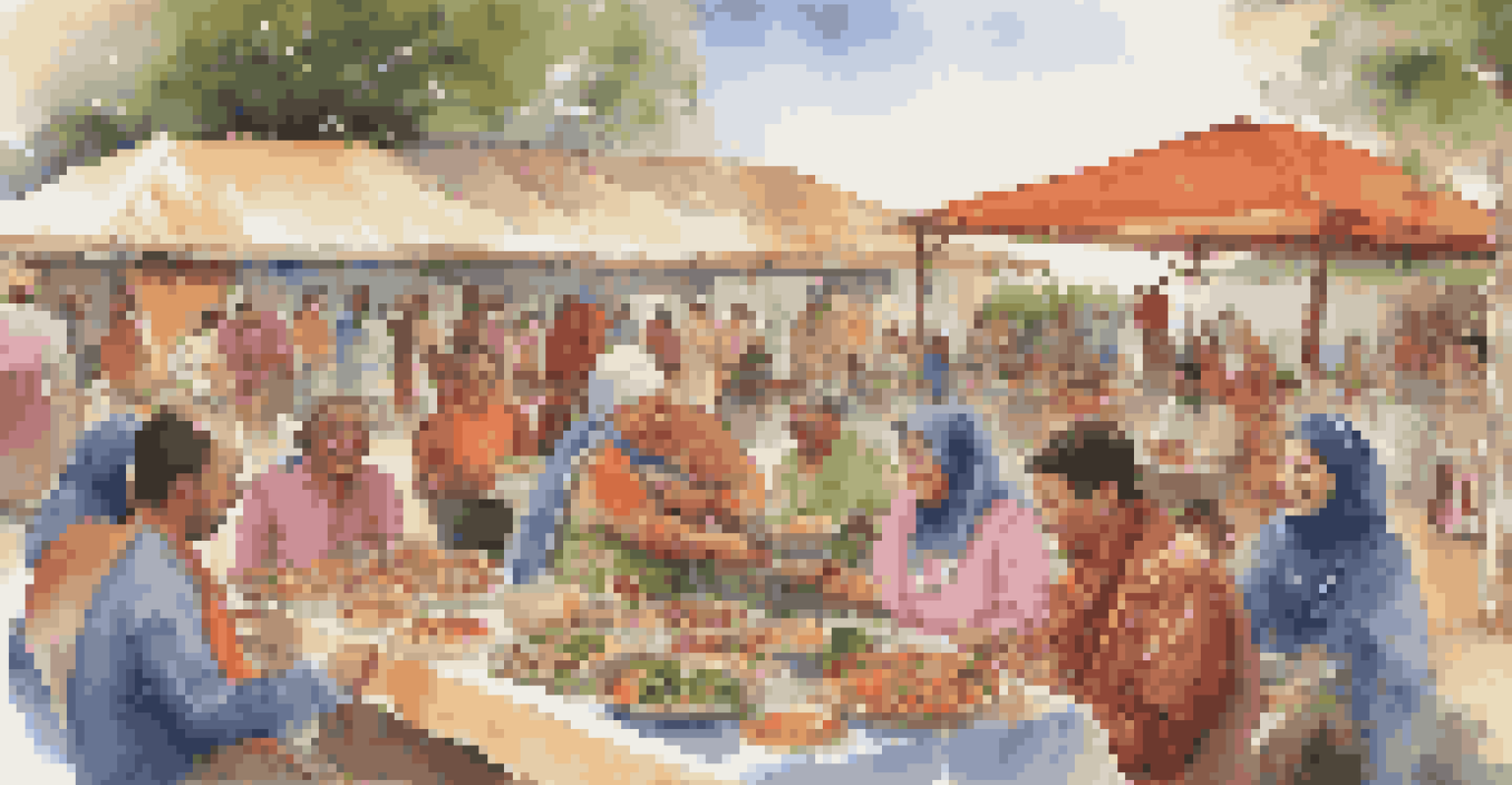 A vibrant outdoor community event with people in traditional attire sharing meals and traditions.