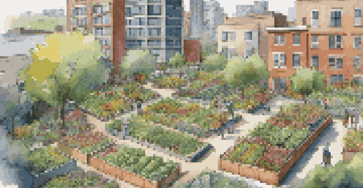 Aerial view of a thriving community garden in an urban setting, with people gardening amidst colorful plants.