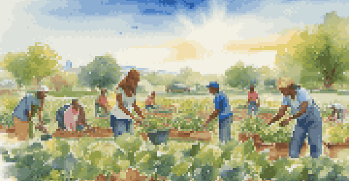 A community garden with diverse people planting vegetables and flowers, surrounded by solar panels in a green field under a blue sky.
