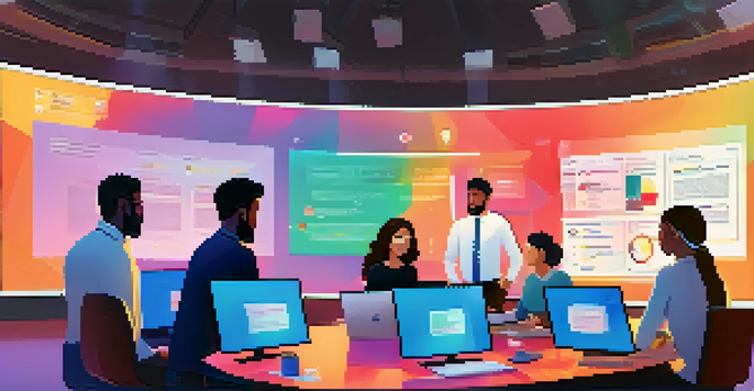 A virtual team meeting on a large screen with diverse members interacting, showcasing collaboration and communication.