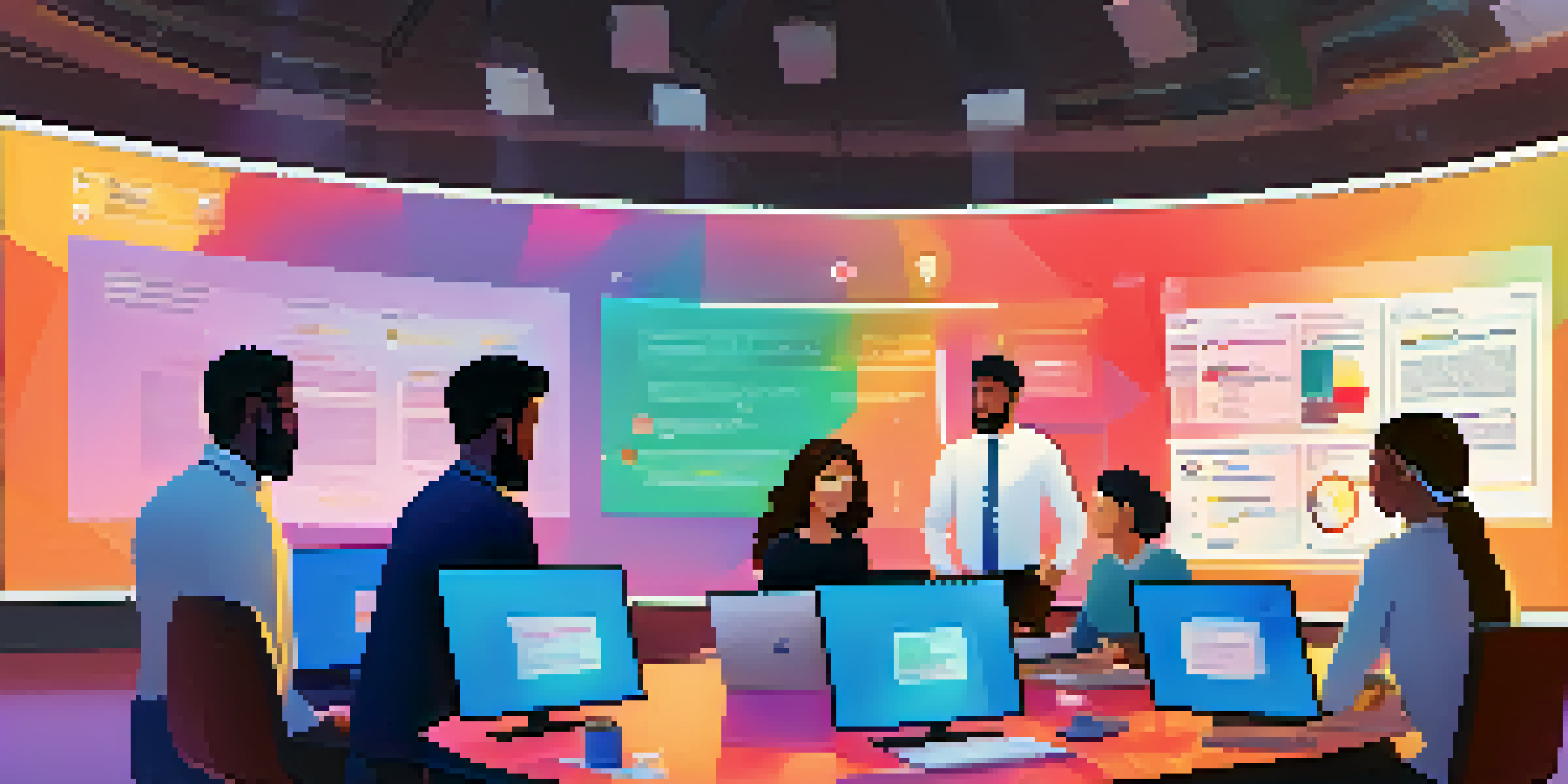 A virtual team meeting on a large screen with diverse members interacting, showcasing collaboration and communication.