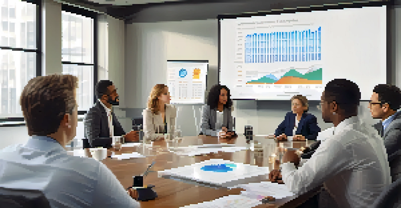 A diverse group of professionals in a meeting discussing financial ratios with a projector screen.