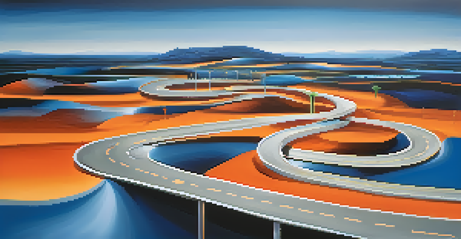 An abstract image showing a winding road with signposts representing various phases of change management.