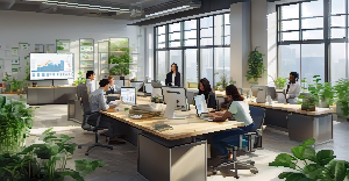 A diverse group of employees working together in a bright office, discussing sustainability projects with charts in the background.