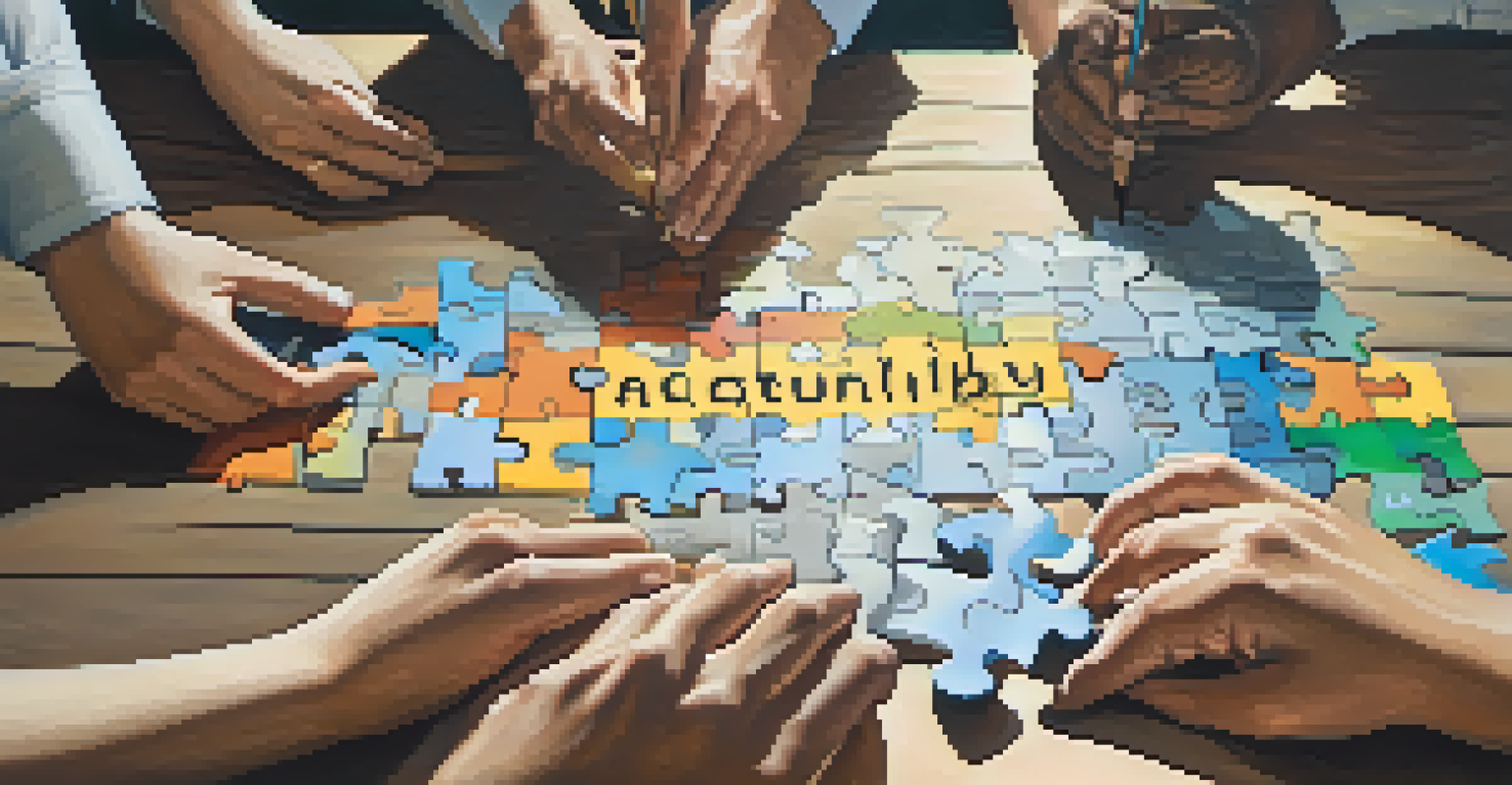 Diverse hands assembling puzzle pieces labeled with governance and sustainability keywords, symbolizing their connection.