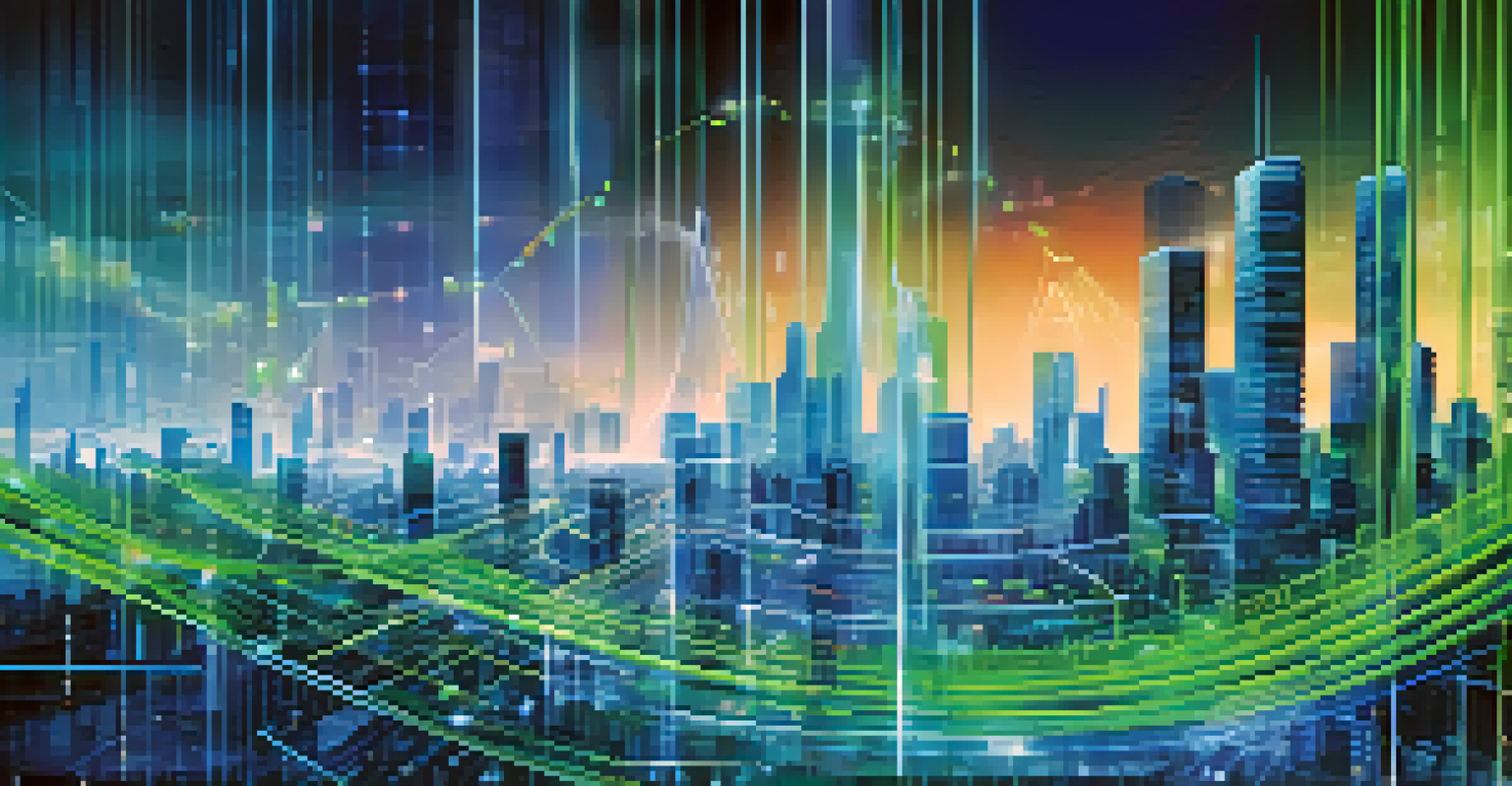 An abstract digital landscape showcasing interconnected data points and AI elements, with a futuristic skyline in the background.