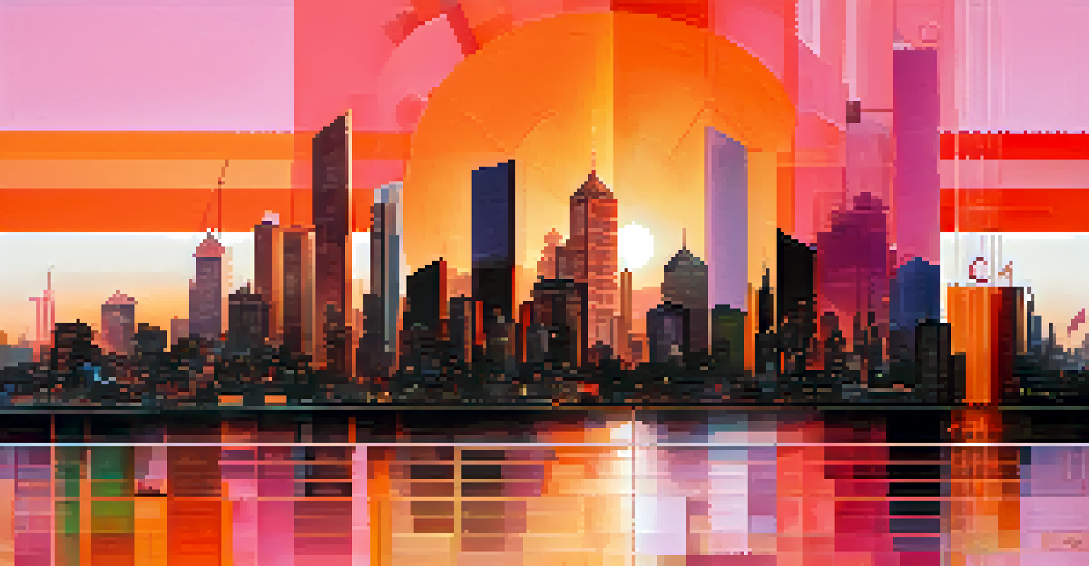 An abstract city skyline at sunset with colorful graphs and symbols representing economic indicators.