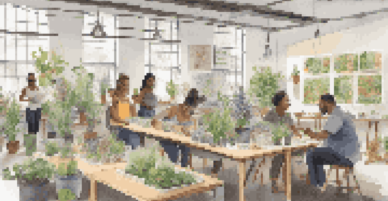 A diverse group of customers engaged in a recycling and upcycling workshop in a bright, eco-friendly space.