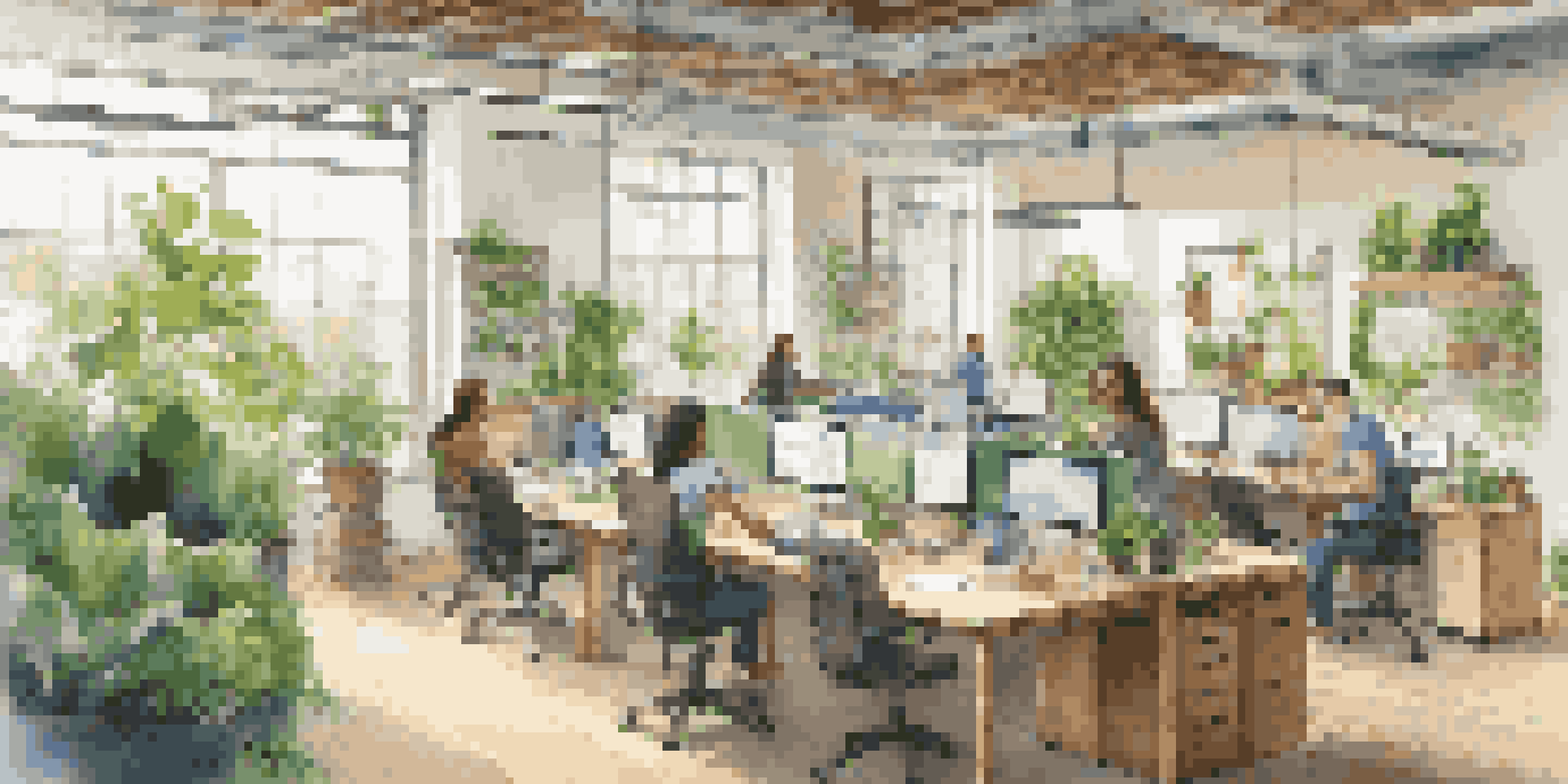A modern office with plants, natural light, and eco-friendly furniture where diverse employees collaborate on a project.