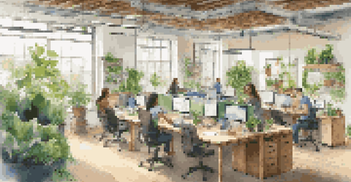 A modern office with plants, natural light, and eco-friendly furniture where diverse employees collaborate on a project.