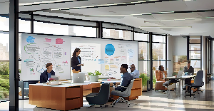 A diverse leadership team brainstorming in a bright office with large windows and inspirational decor.