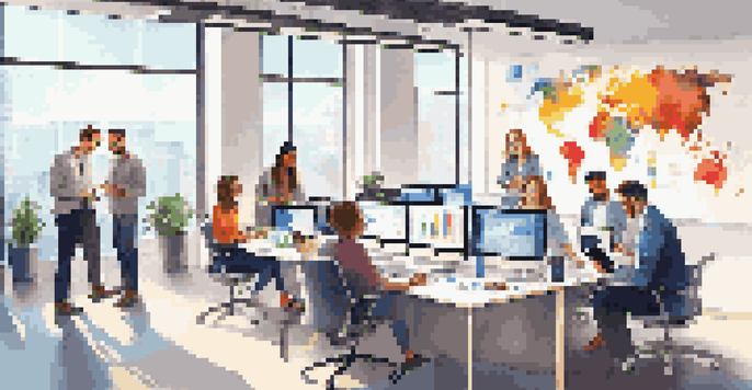 A diverse marketing team analyzing data in a bright office with charts on the walls.