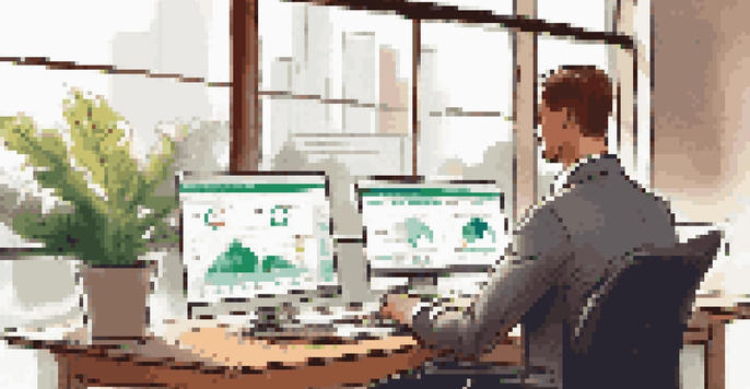 A business professional examining vendor risk assessments on a laptop in a modern office filled with natural light.