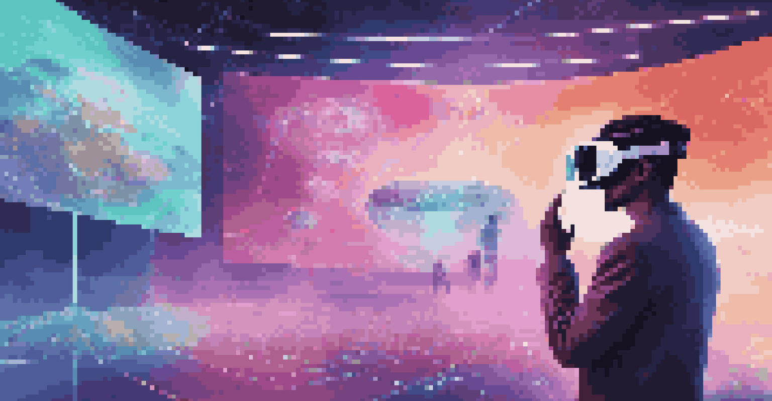 A person using VR goggles to interact with 3D holographic displays of crowdfunding projects in a futuristic setting.