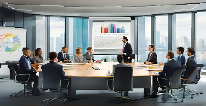 A diverse group of professionals in a bright meeting room, discussing corporate governance with charts and graphs displayed.