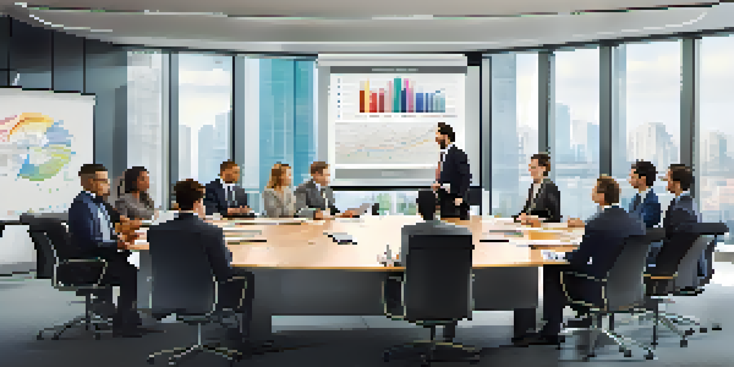 A diverse group of professionals in a bright meeting room, discussing corporate governance with charts and graphs displayed.