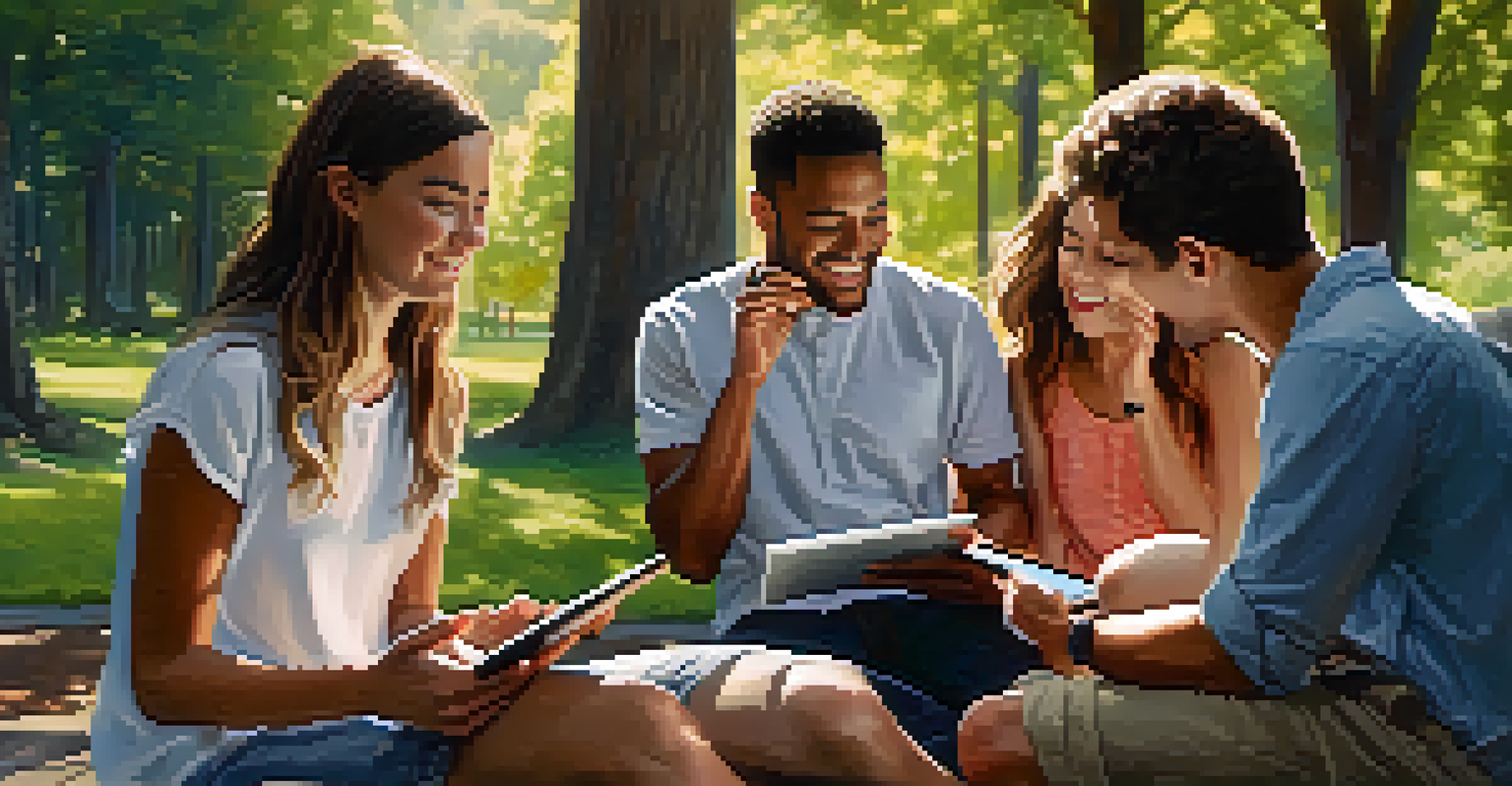 A group of friends outdoors discussing product experiences, with one holding a tablet showing reviews, under dappled sunlight.