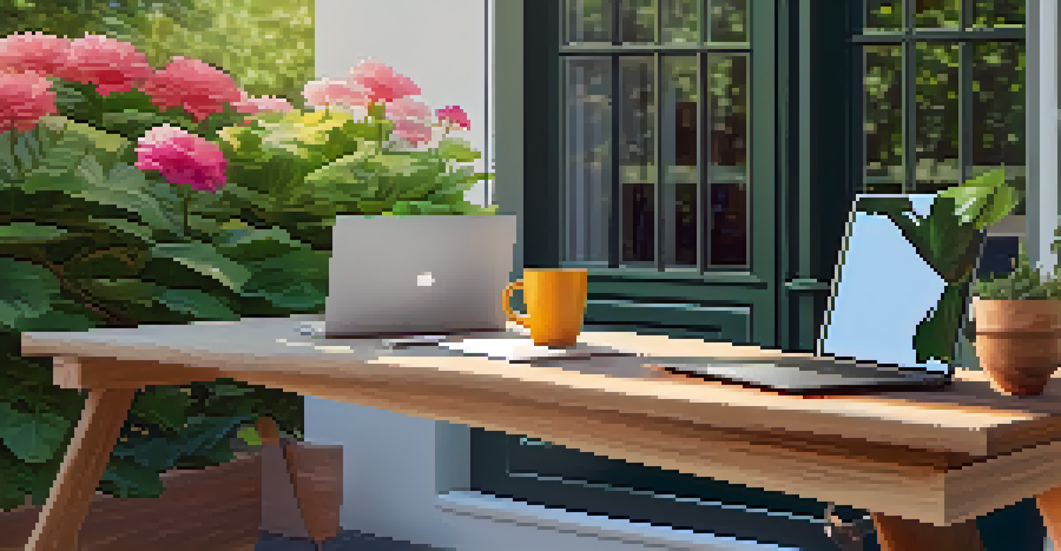 An outdoor workspace with a wooden table, a laptop, and coffee surrounded by greenery and flowers in bright sunlight.
