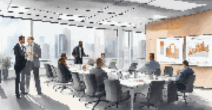 Employees participating in a role-playing activity during a business continuity training session in a modern office, with charts and infographics displayed on the walls.