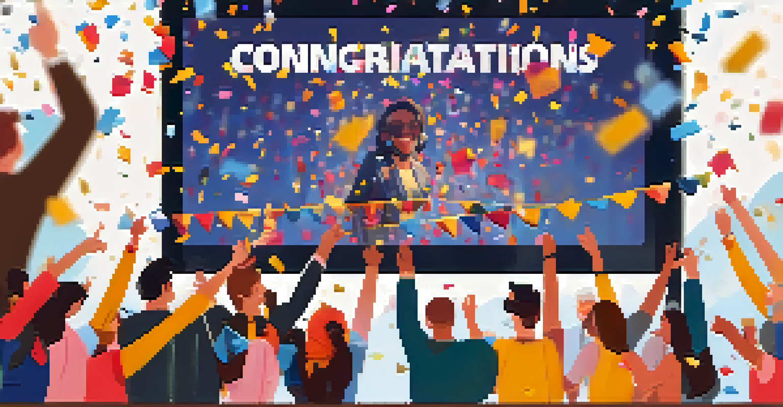 A virtual celebration scene with confetti and a 'Congratulations' banner, showing team members smiling and giving thumbs up.
