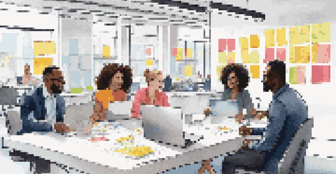 A diverse group of professionals engaged in a brainstorming session in a modern office with colorful sticky notes and laptops.