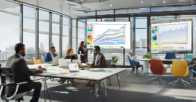 A diverse group of professionals in a meeting, actively collaborating with laptops and charts in a bright office.