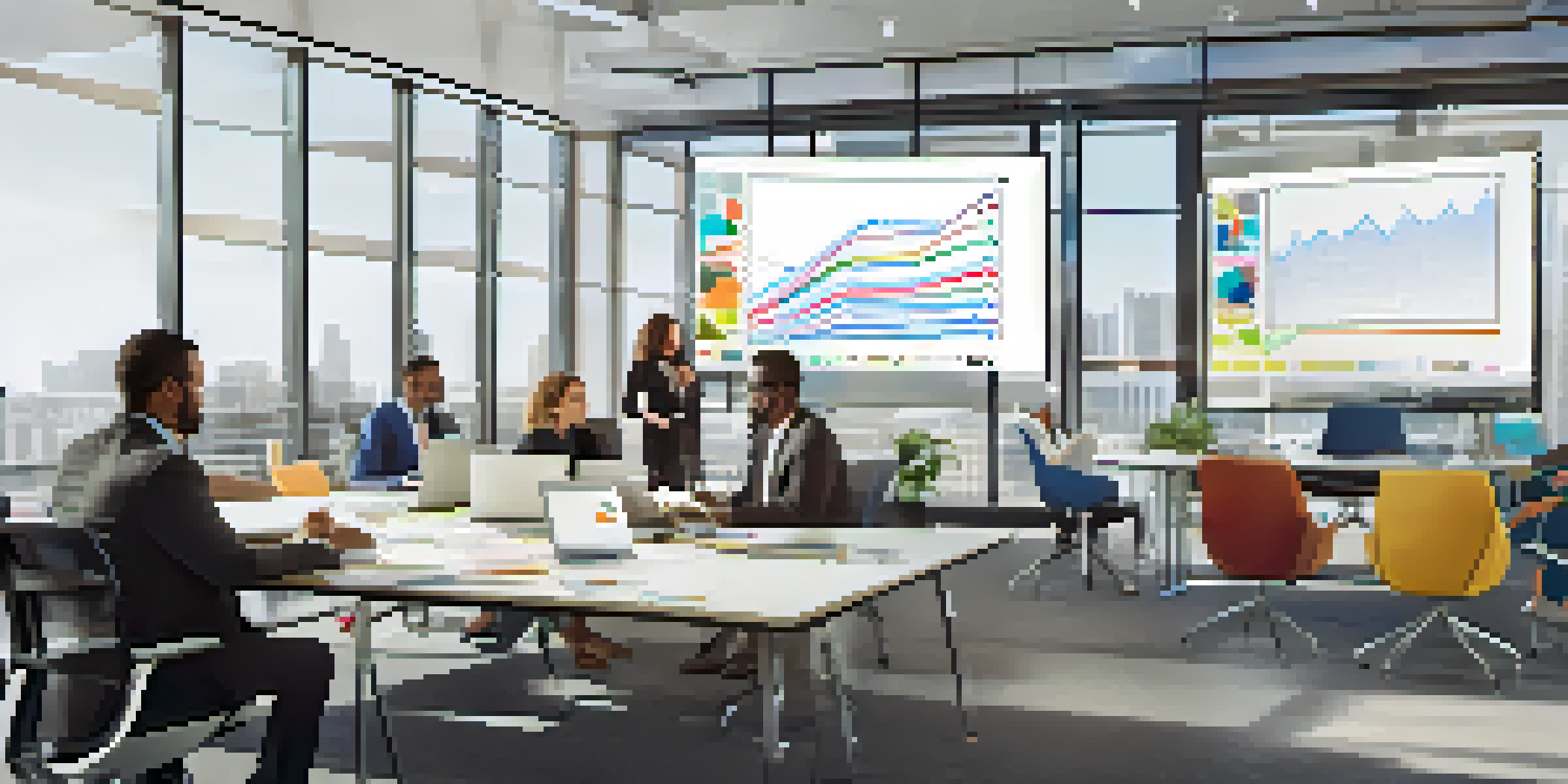 A diverse group of professionals in a meeting, actively collaborating with laptops and charts in a bright office.