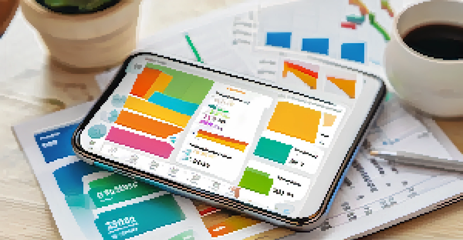 A smartphone displaying a budgeting app with colorful graphs on a white table with a notepad and plant.