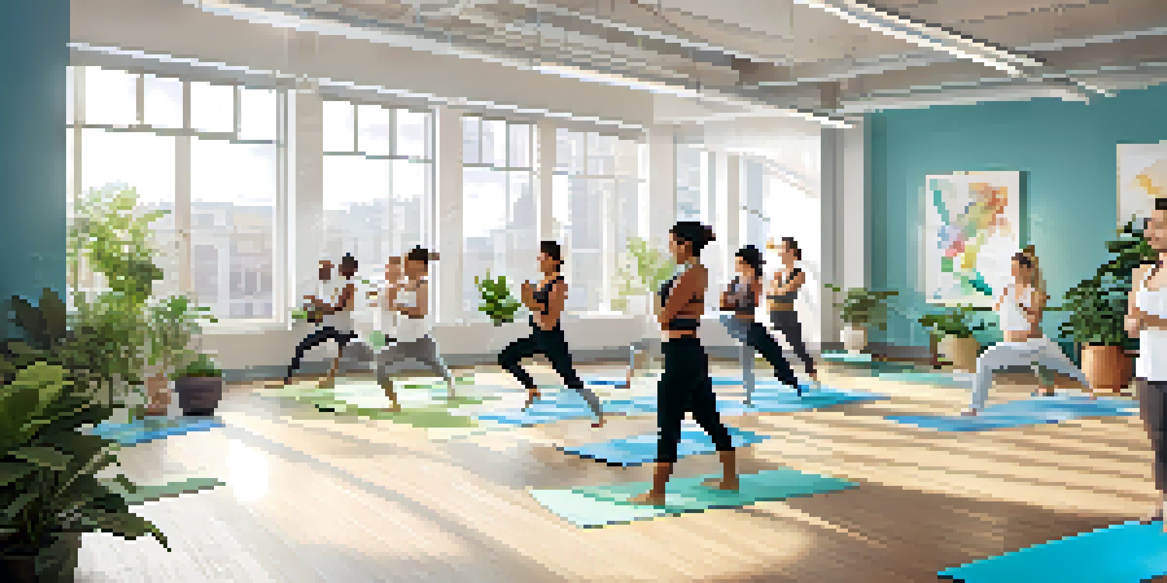 A light-filled office with employees doing yoga together on mats, surrounded by plants and large windows.