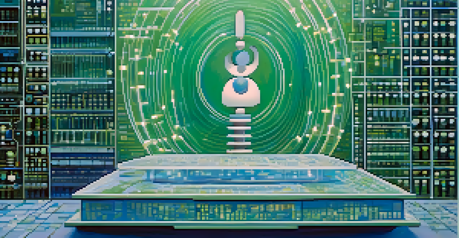 An abstract image of a balanced scale symbolizing AI ethics, set against a digital backdrop of binary code and circuit patterns.