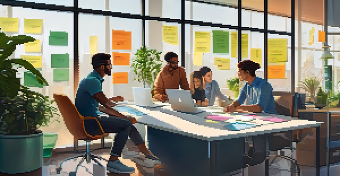 A vibrant office with young people discussing ideas around a table, with plants and technology visible.