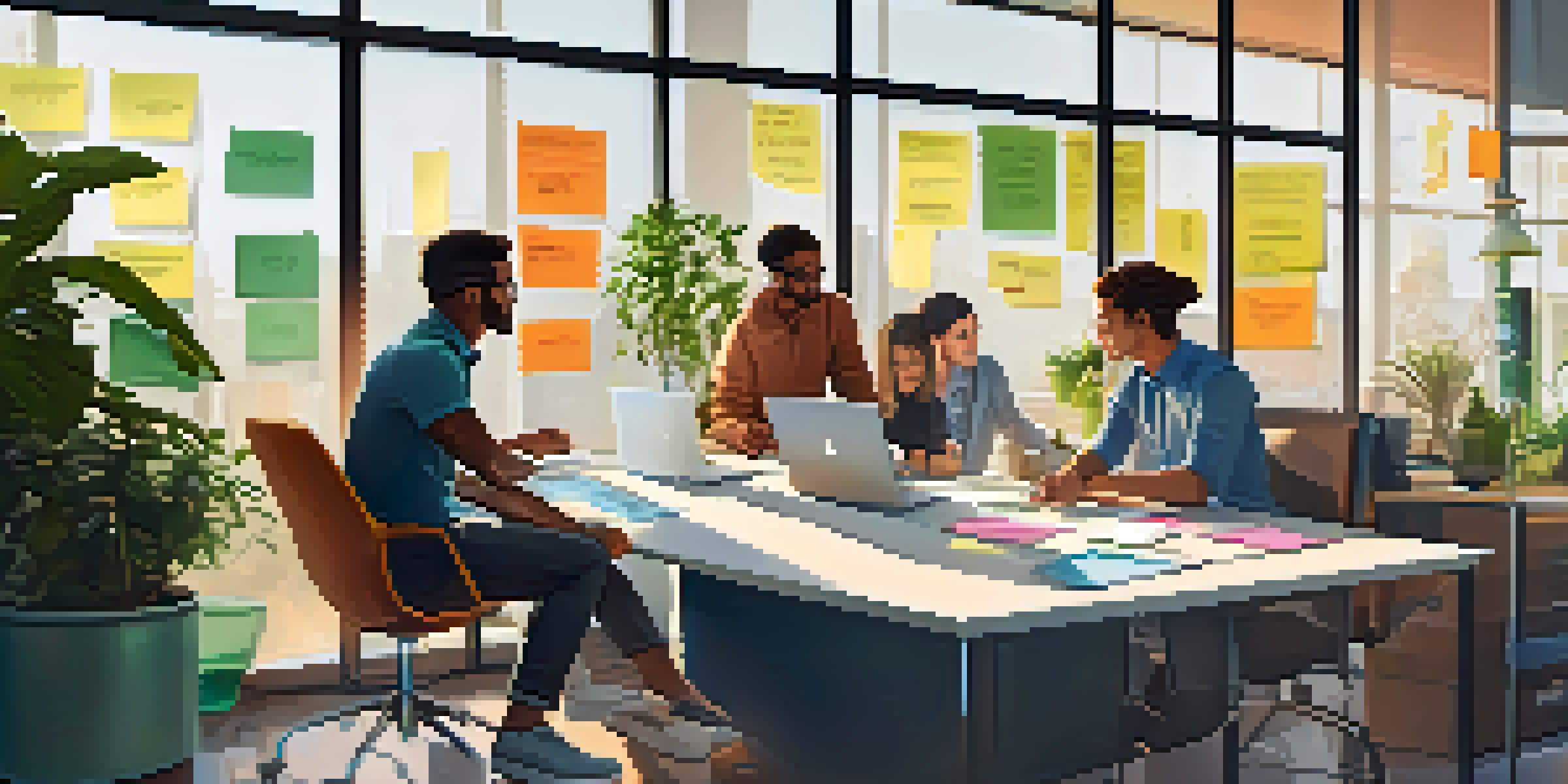A vibrant office with young people discussing ideas around a table, with plants and technology visible.