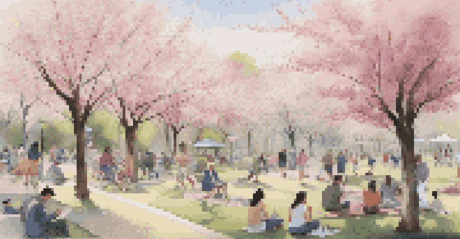 A vibrant city park scene with people enjoying springtime under cherry blossom trees.