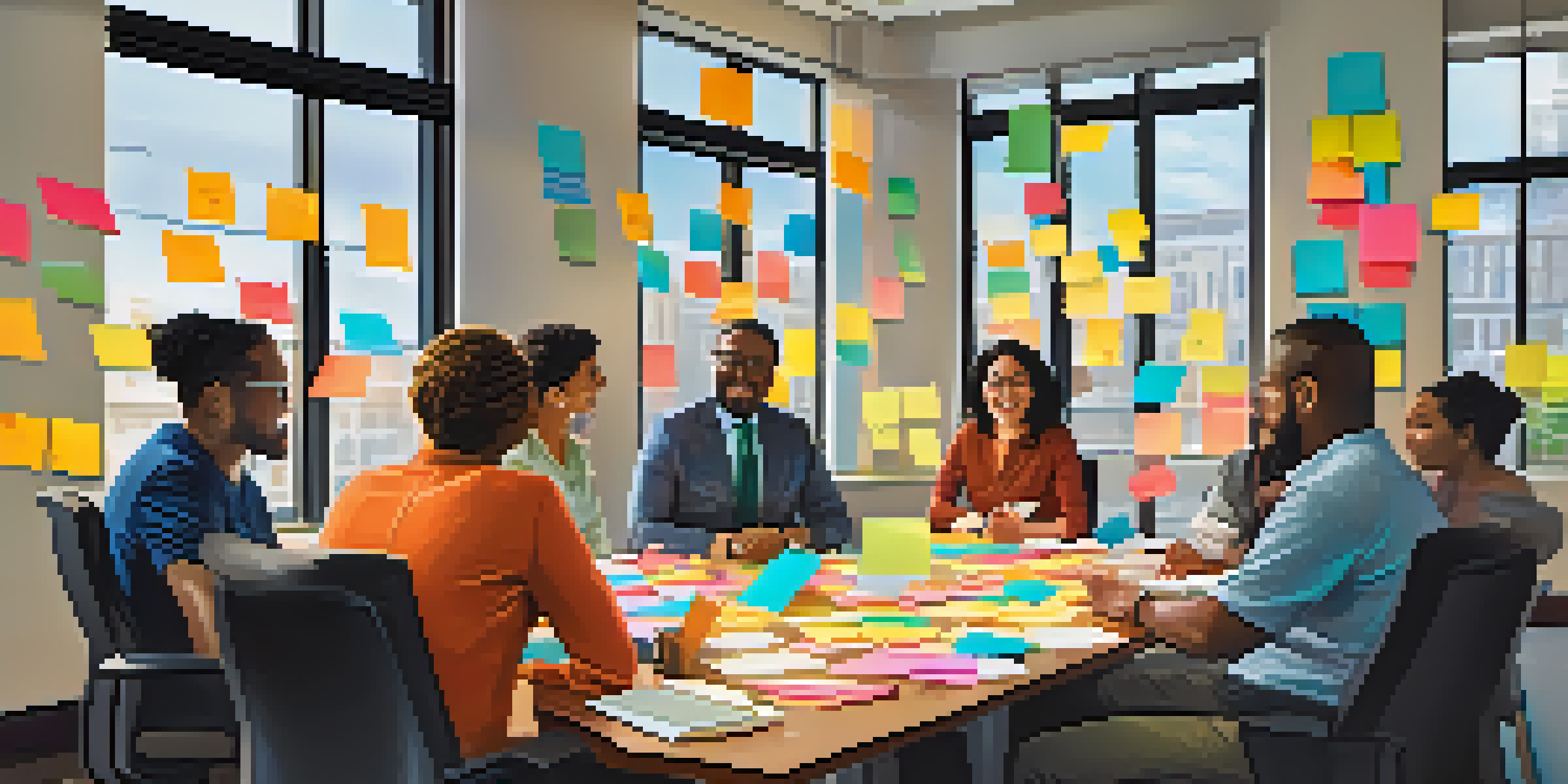 A diverse team of professionals collaborating in a bright conference room, sharing ideas with post-it notes and laptops.