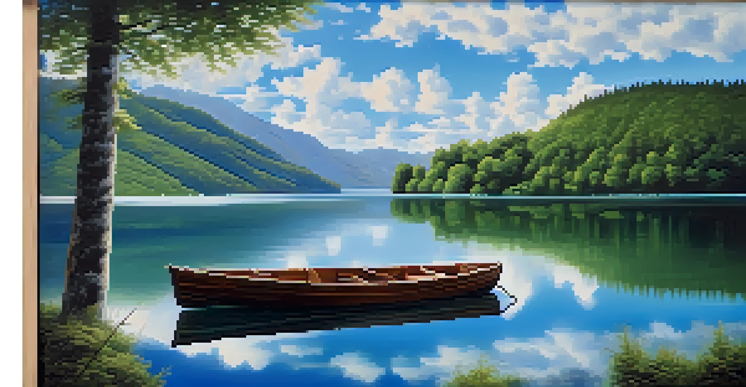 A peaceful lake with mountains in the background, reflecting the sky and a small boat.