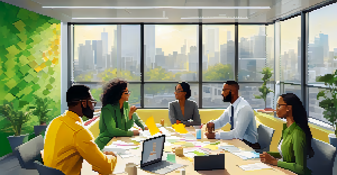 A diverse group of employees collaborating in a brightly lit office, discussing ideas with laptops and colorful post-it notes around them.
