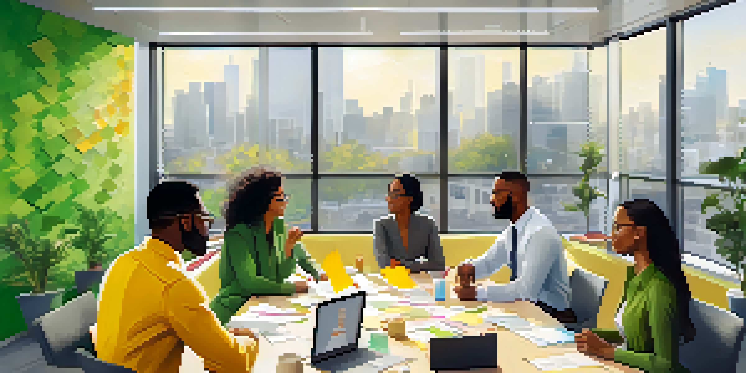 A diverse group of employees collaborating in a brightly lit office, discussing ideas with laptops and colorful post-it notes around them.