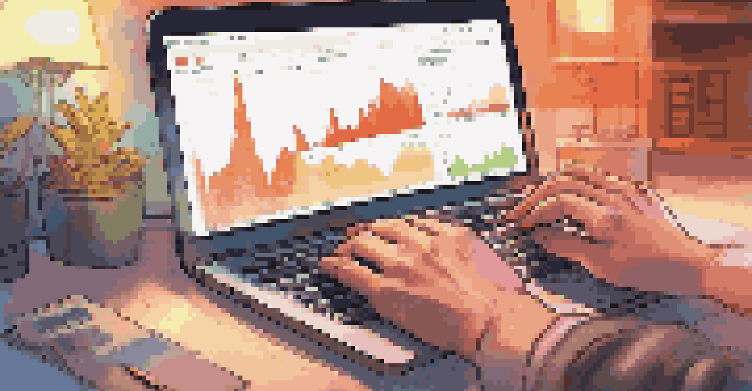 Close-up of hands typing on a laptop with a colorful data visualization on the screen, illuminated by a desk lamp.