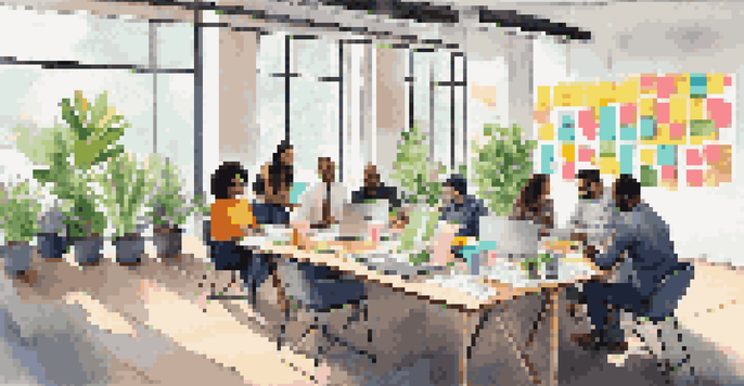 A diverse group of professionals collaborating in a bright and open meeting room, surrounded by colorful sticky notes and laptops.