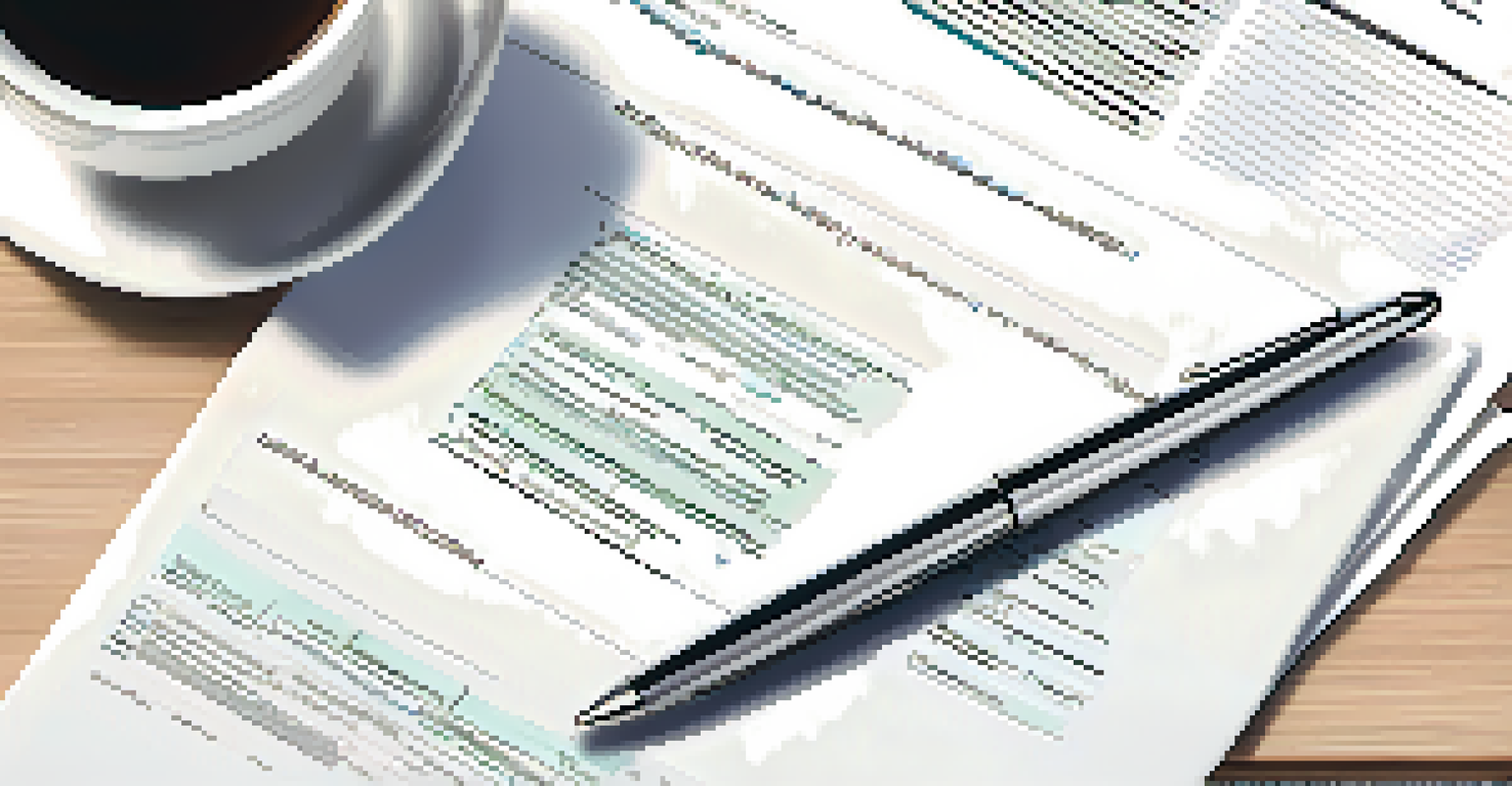 An overhead view of organized due diligence documents with a pen and a cup of coffee on a polished surface.