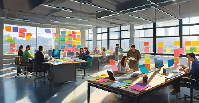 A diverse team of professionals collaborating in a bright modern office, with sunlight streaming through windows and colorful notes around.