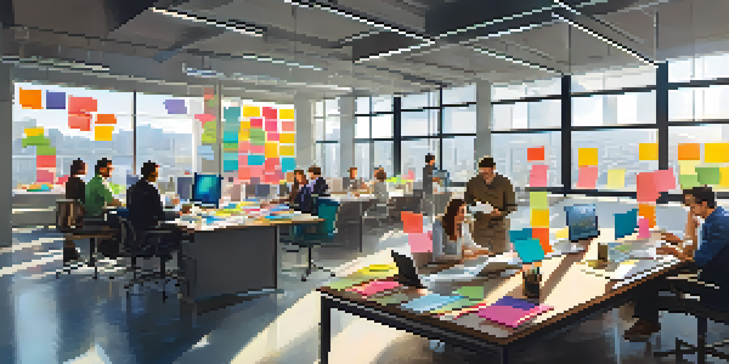 A diverse team of professionals collaborating in a bright modern office, with sunlight streaming through windows and colorful notes around.