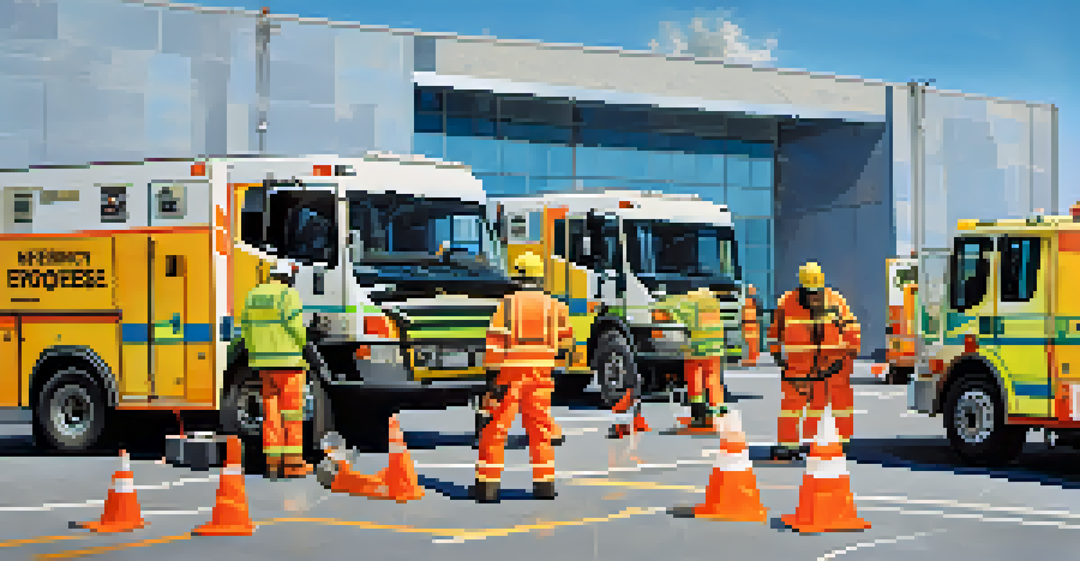 A team of emergency response professionals in safety vests conducting a drill outdoors with cones and equipment.