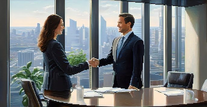A business negotiation scene showing two professionals shaking hands in a modern conference room with a city skyline view.